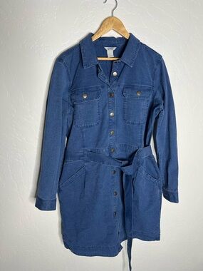 Duluth Trading Co Denim Long Sleeve Shirt Dress with Belt pockets heirloom
